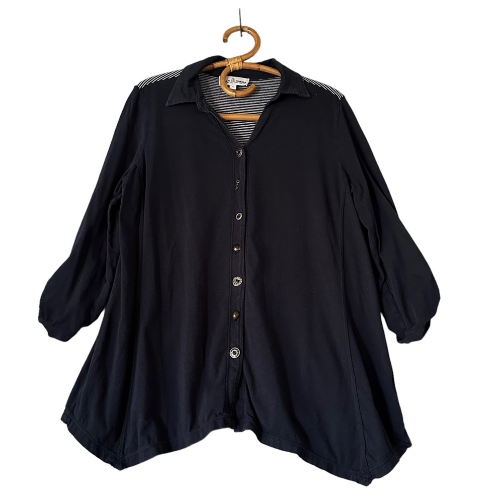 Neon Buddha | Navy Striped Back Button Front Top Stretch Cotton Size S